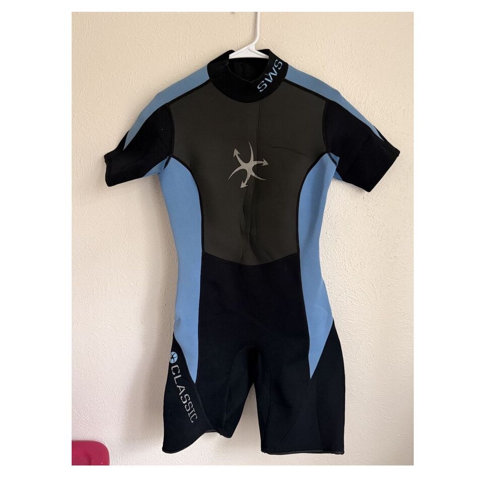 SWS Wetsuits Women’s Size 12 Shorty Wetsuit Black Blue Back Zip Surf Swim